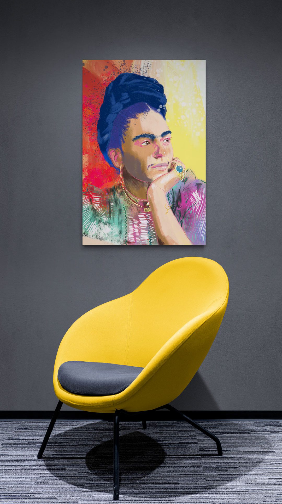 Frida Kahlo behind yellow chair.