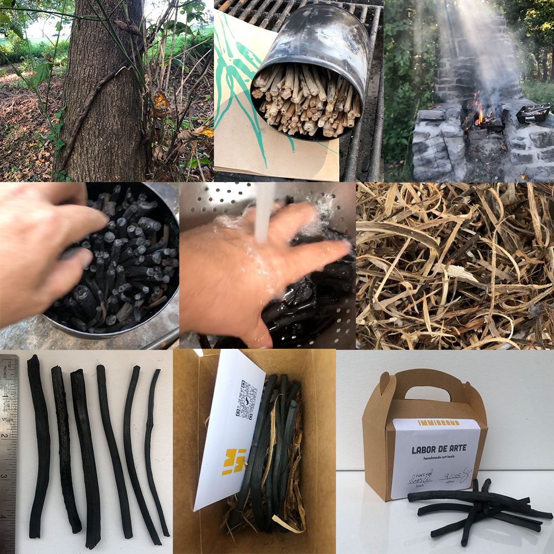 Process Image grid showcasing process of how I forage vine and carbonize them into soft vine charcoal for sale, as part of my Labor de Arte collection.